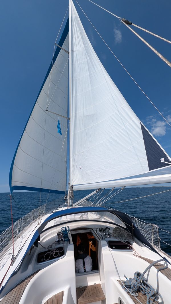 Bei Wind von hinten das Vorsegel und Großsegel auf verschiedenen Seiten zu fahren nennt man "Schmetterling" (und das ist gar nicht so einfach zu segeln).